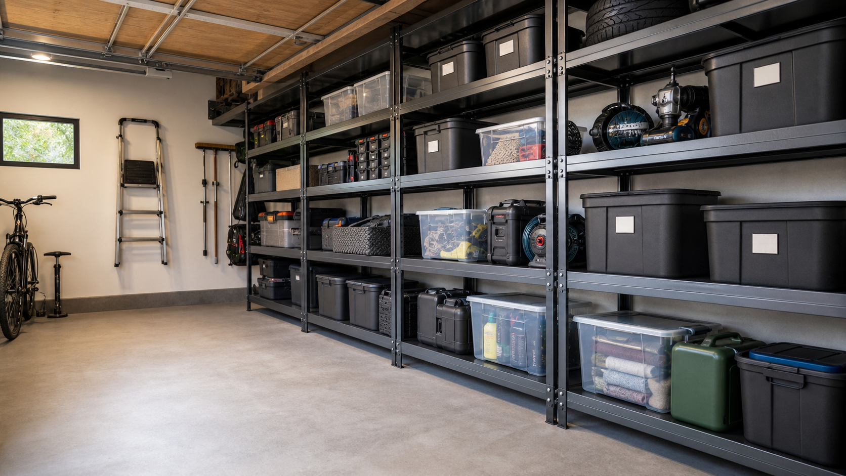 Garagebox organiseren met stellingen en opbergboxen