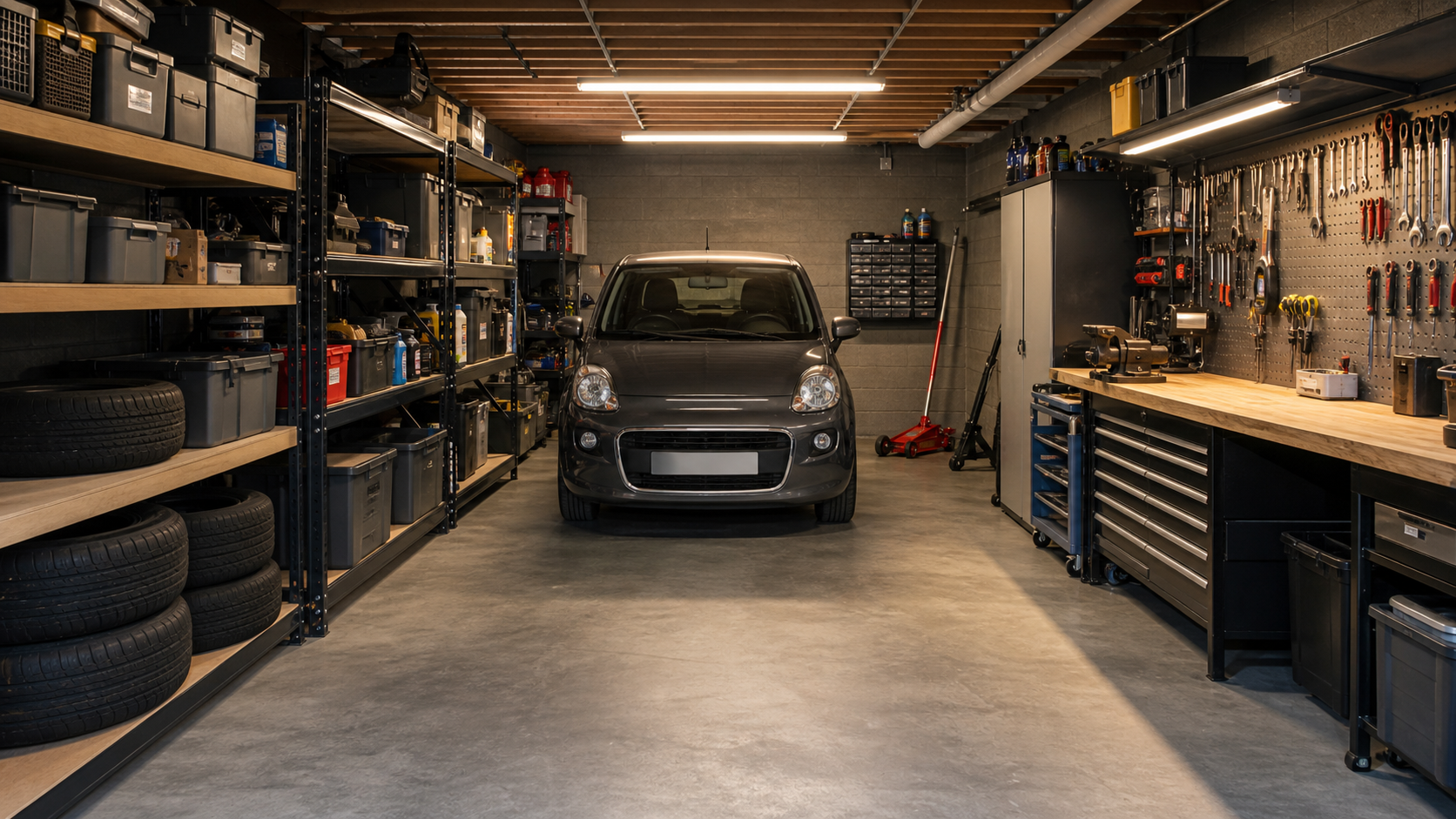 Garagebox slim inrichten voor opslag en auto onderhoud